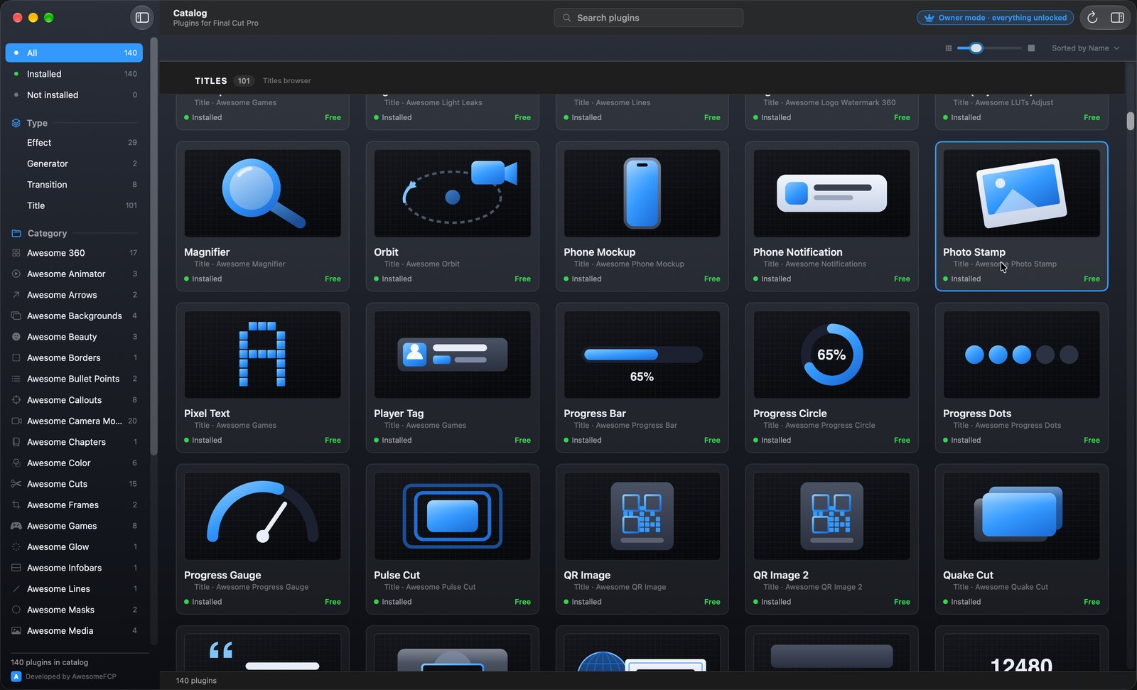 The AwesomeFCP Manager listing the plugin catalogue, with each plugin marked as installed.